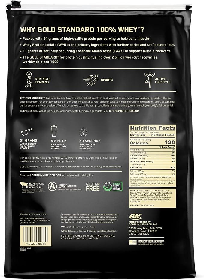 Optimum Nutrition GOLD STANDARD 100% Whey Protein Powder, Vanilla Ice Cream, 2.48 kg