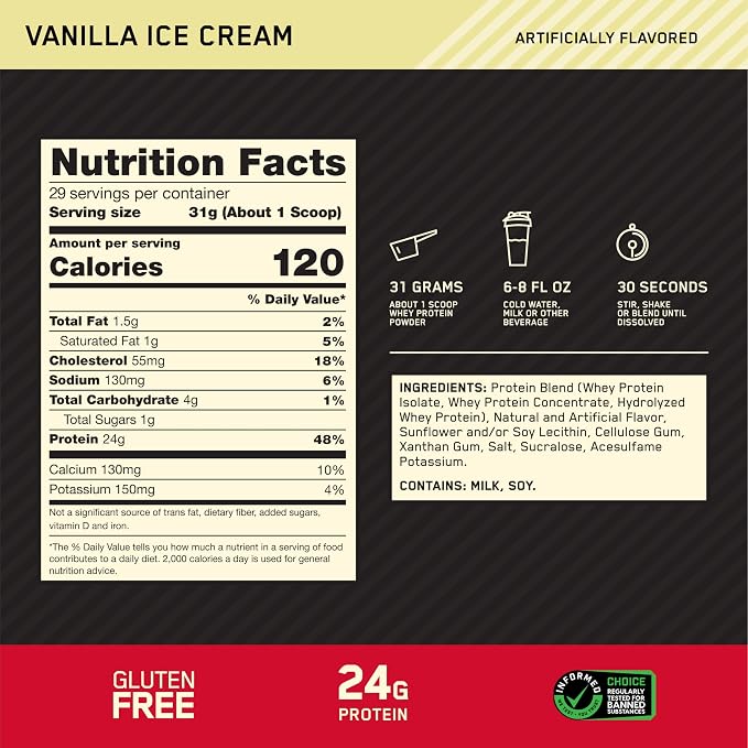 Optimum Nutrition GOLD STANDARD 100% Whey Protein Powder, Vanilla Ice Cream, 2.48 kg