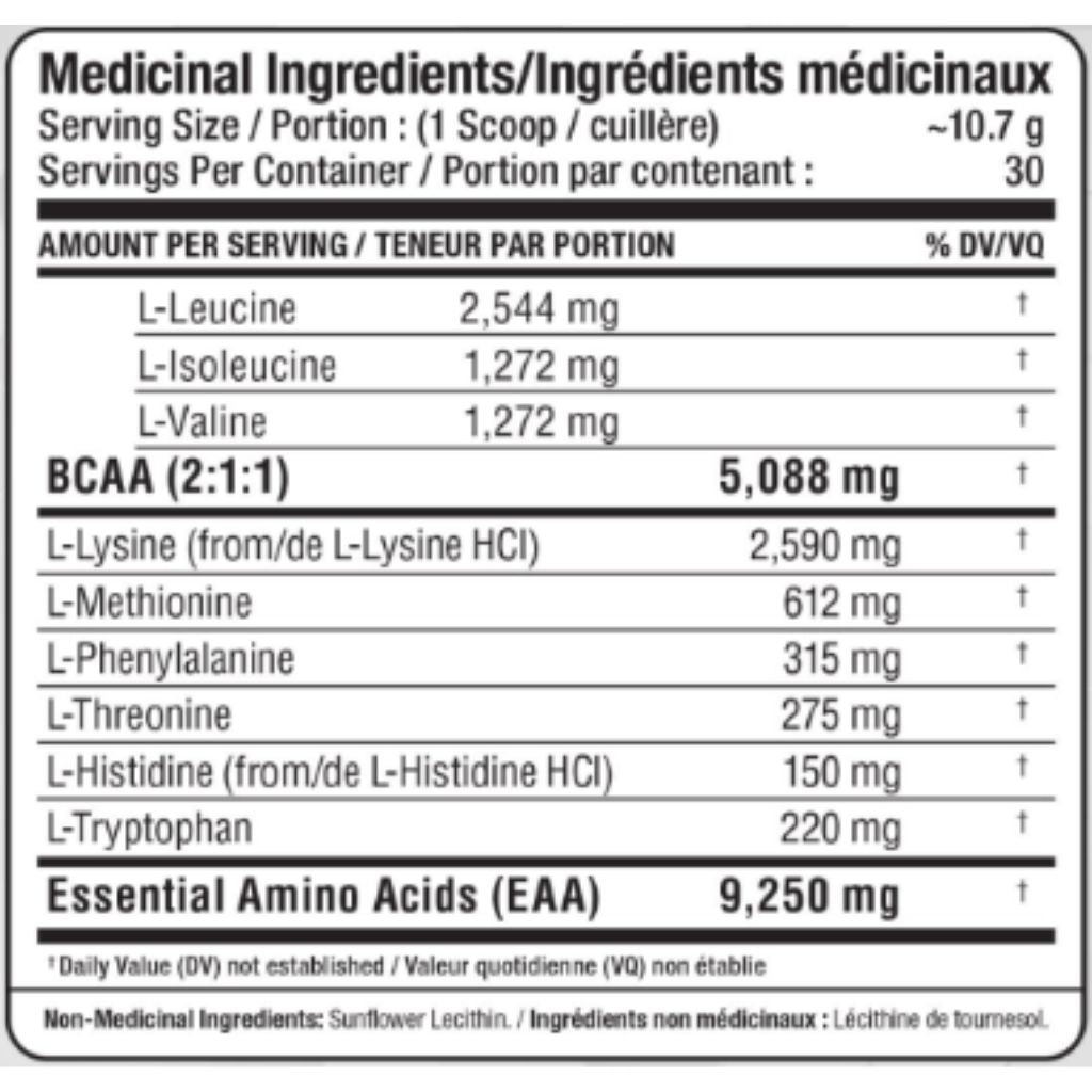 Allmax EAA 320g, 30 Servings Nutritional Panel