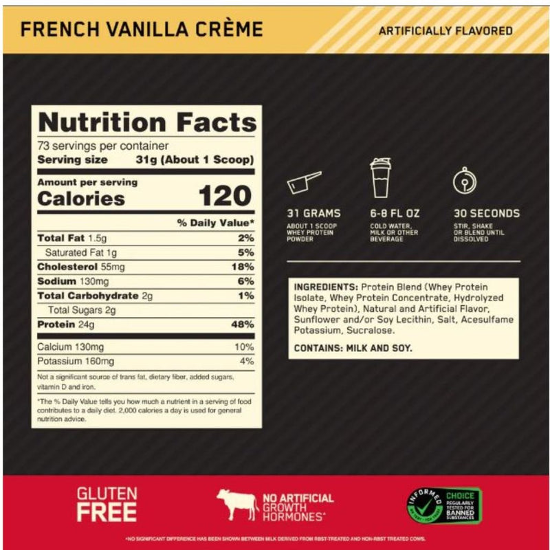 Optimum Gold Standard Whey nutrition panel
