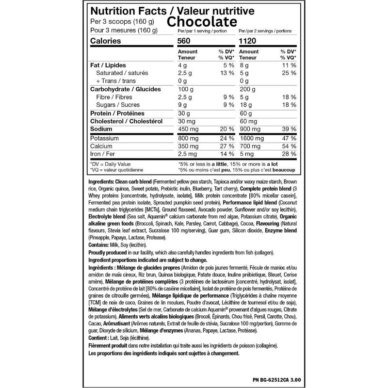 PVL Clean Mass XL Chocolate nutrition panel