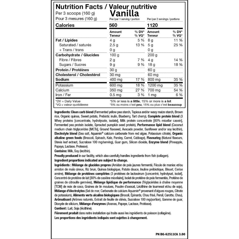 PVL Clean Mass XL Vanilla nutrition panel