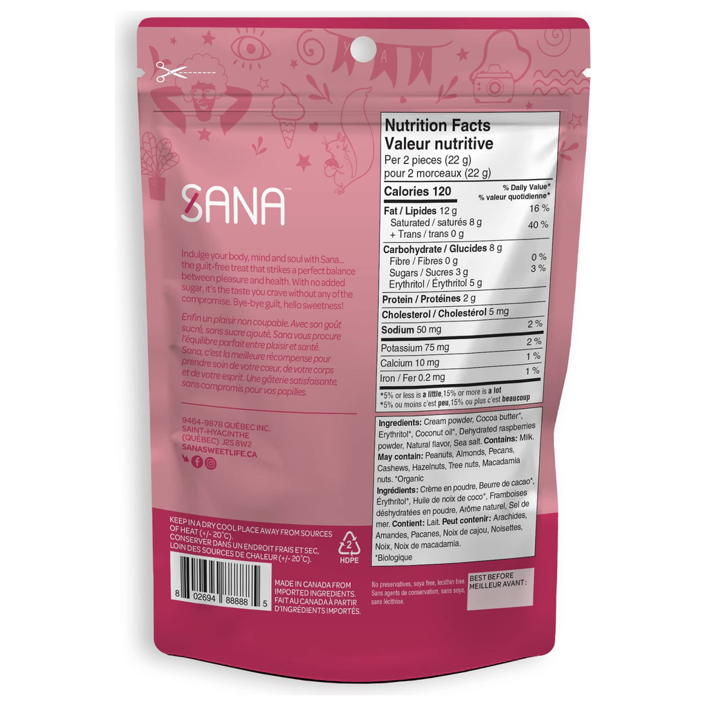 Sana White Chocolate Raspberry nutrition panel