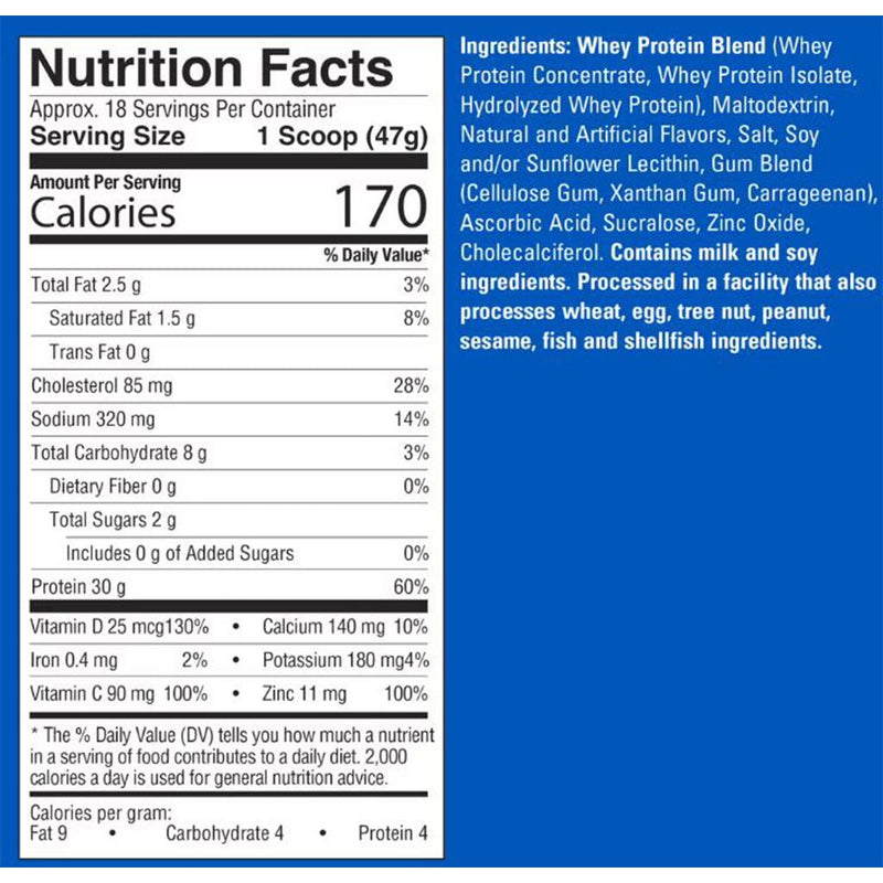 Six Star Whey Protein Plus nutrition panel
