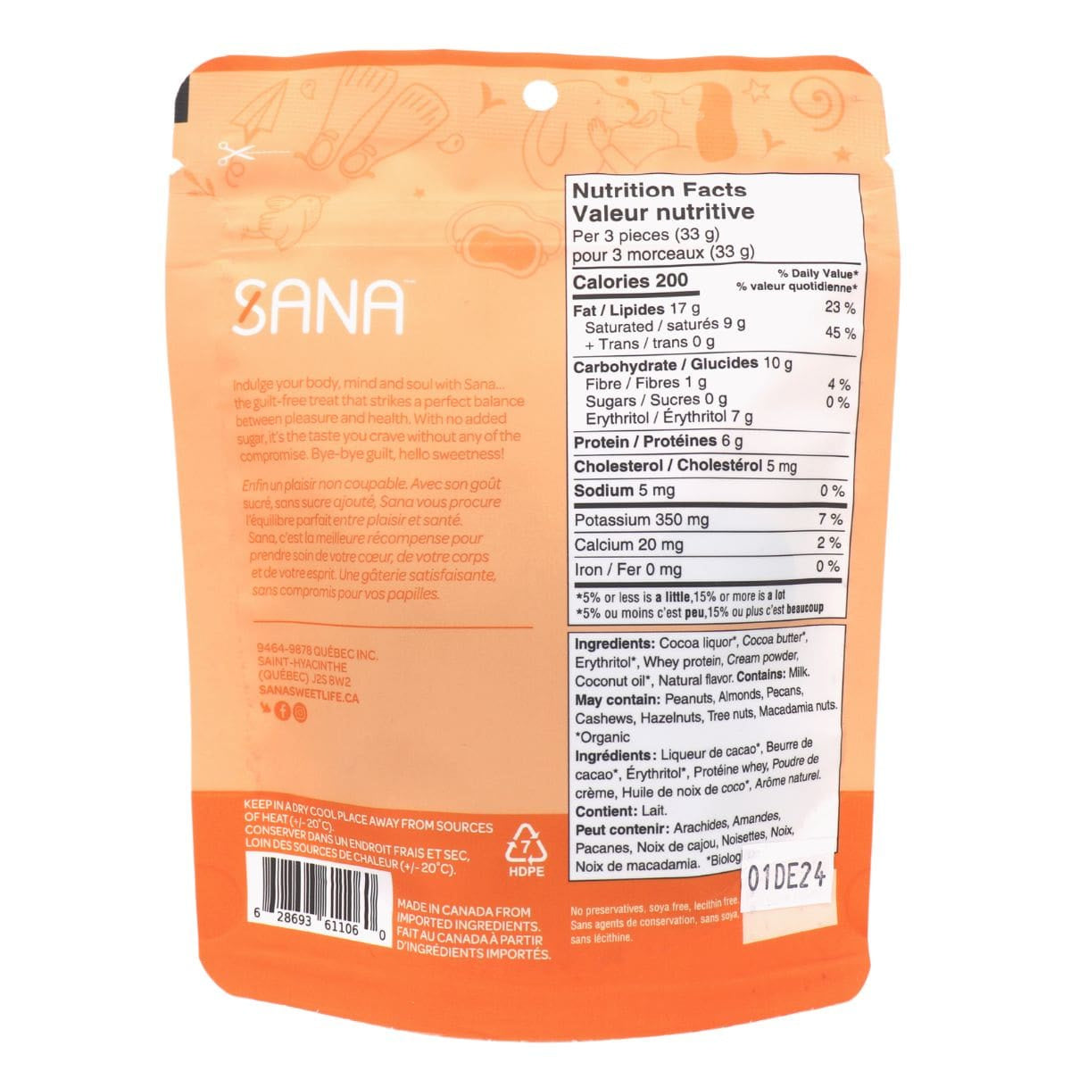 Sana Dark Chocolate Orange nutrition panel